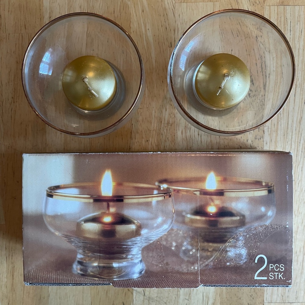 Gold Tealight Candles and Gold Rimmed Glass Candle Holders - Set of 2